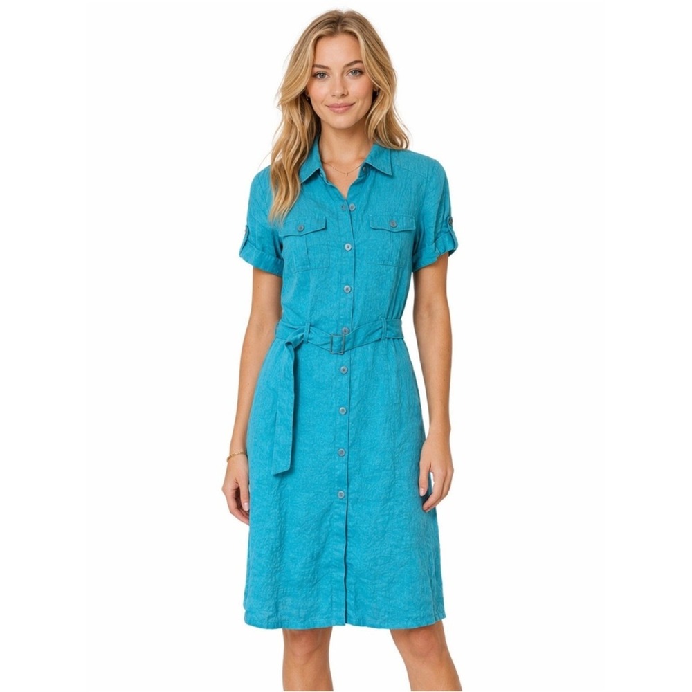 Neiman Marcus 100% Linen Elevated Utility Shirt Dress Turquoise Blue Belted Midi